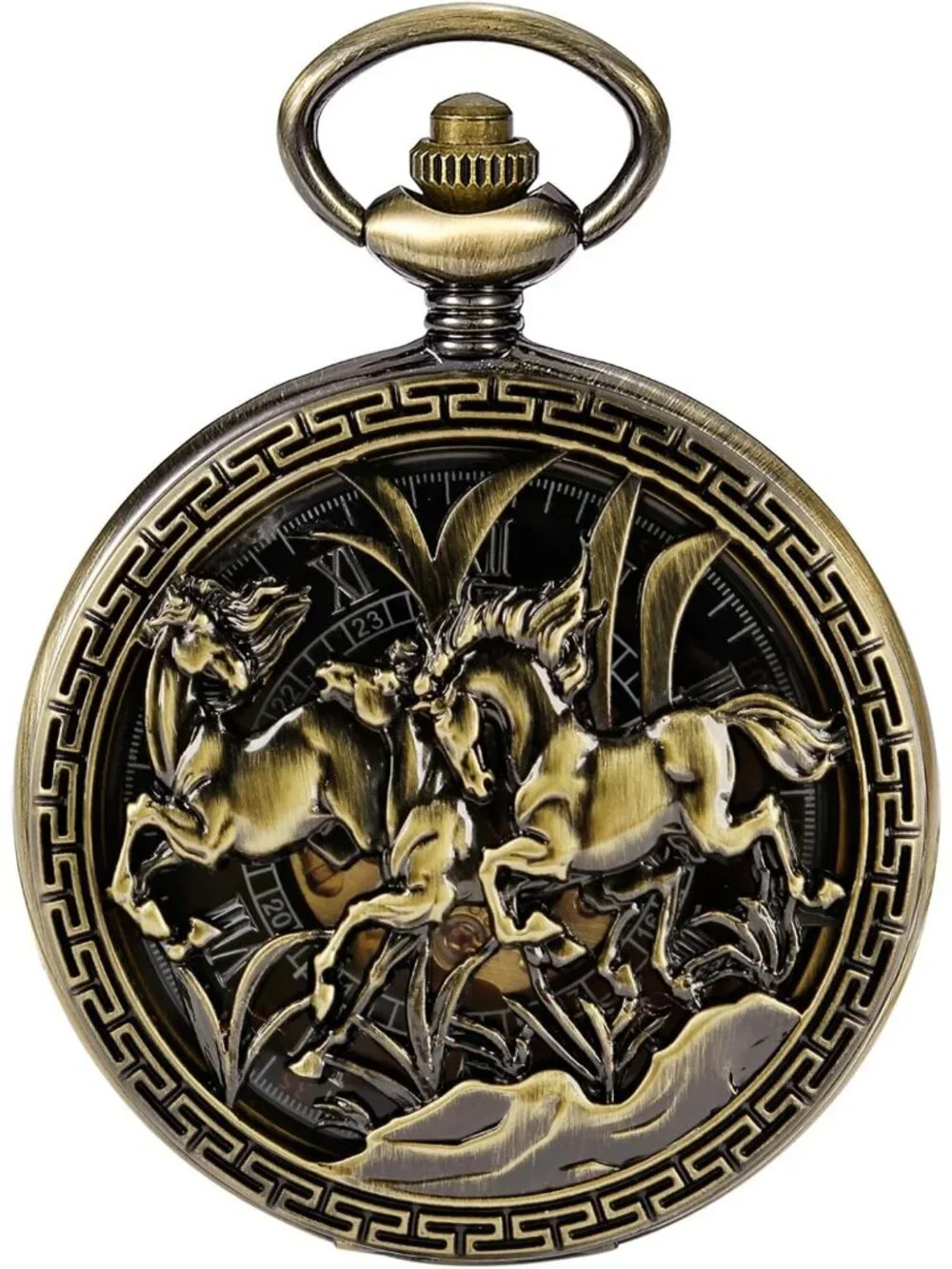 Men's Gold Bronze Horse Skeleton Roman Numerals Hollow Mechanical Pocket Watch